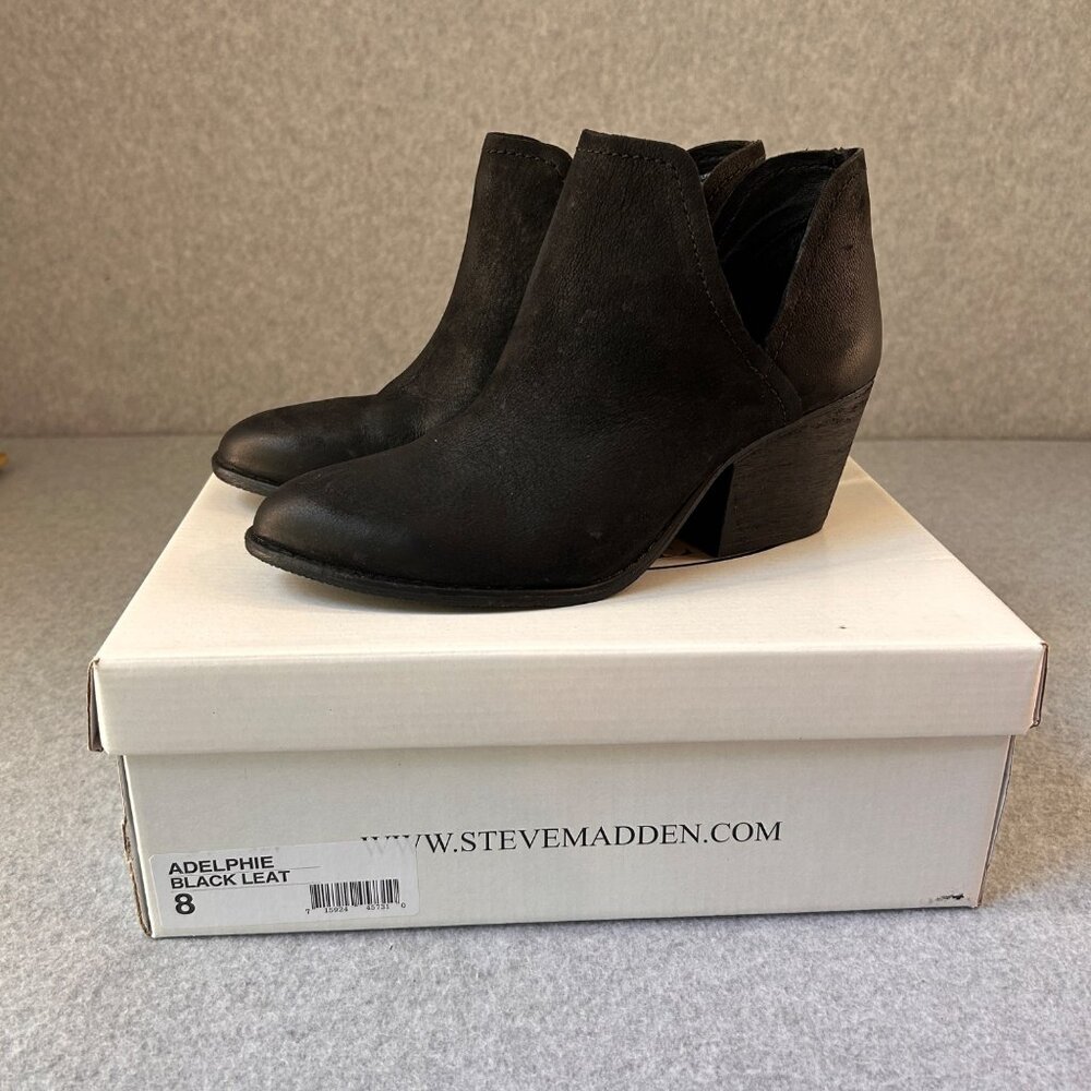 Steve Madden Womens Size 8 Adelphie Black Leather Ankle Boots Booties Slip On